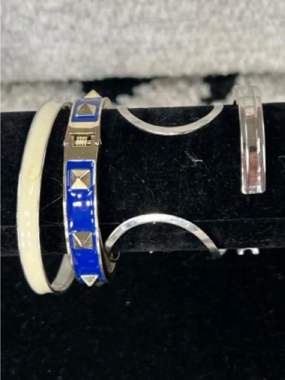 Silver tone evil eye blue cream bangle bracelet stack
